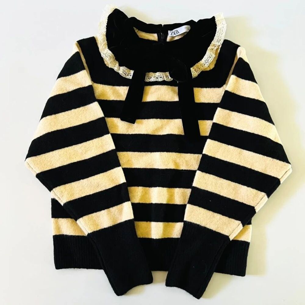 ZARA Tan Black Striped Combination Velvet Collar Knit Sweater - S